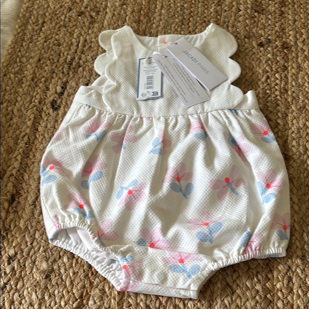 Jacadi White and Pink One Piece Romper with Ruffled Details